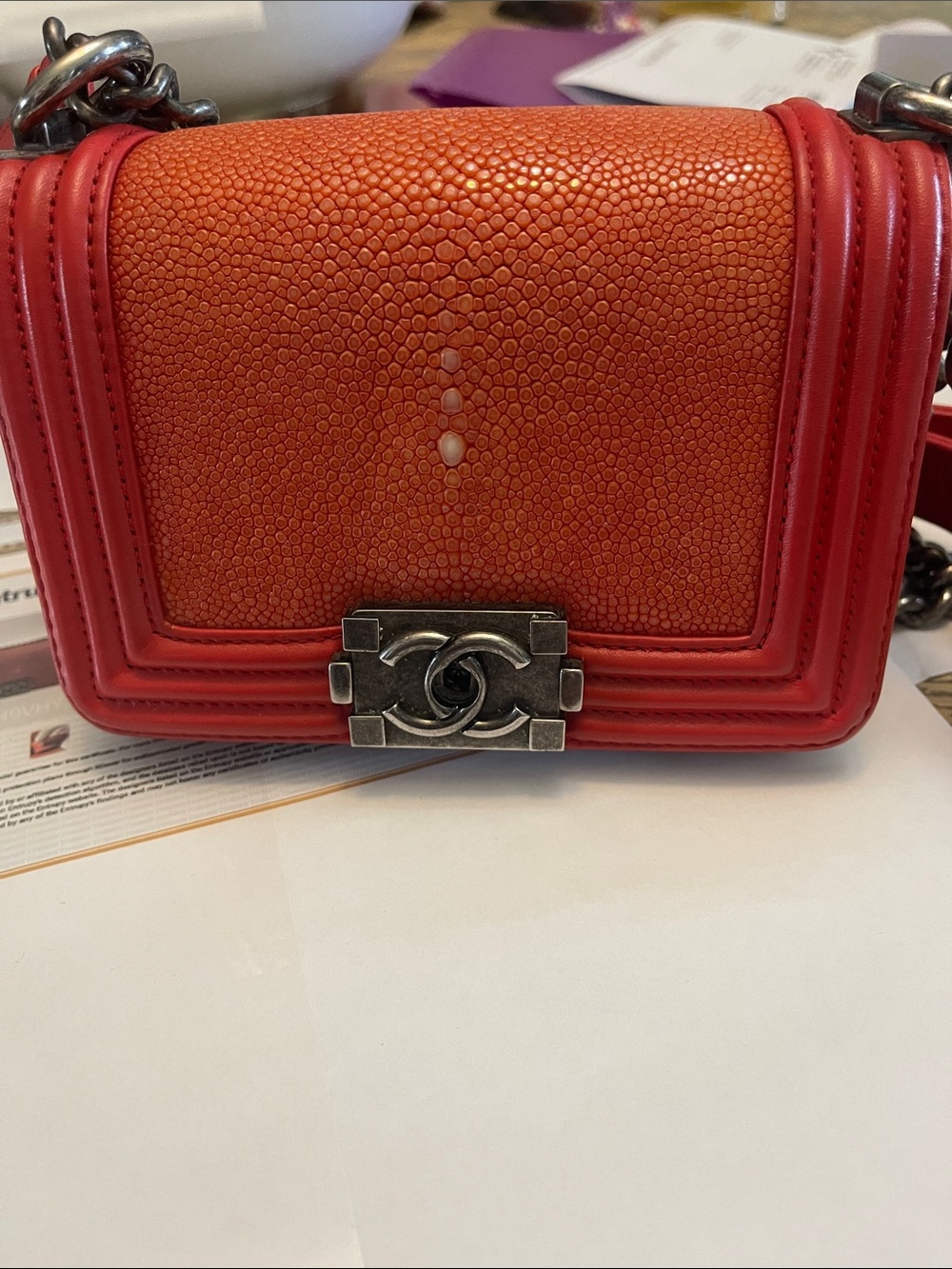 CHANEL Orange-Red Leather Boy Crossbody with Silver Hardware